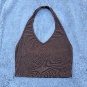 White Fox Brown Halter Crop Top | Stretchy Deep V Neck Tank M